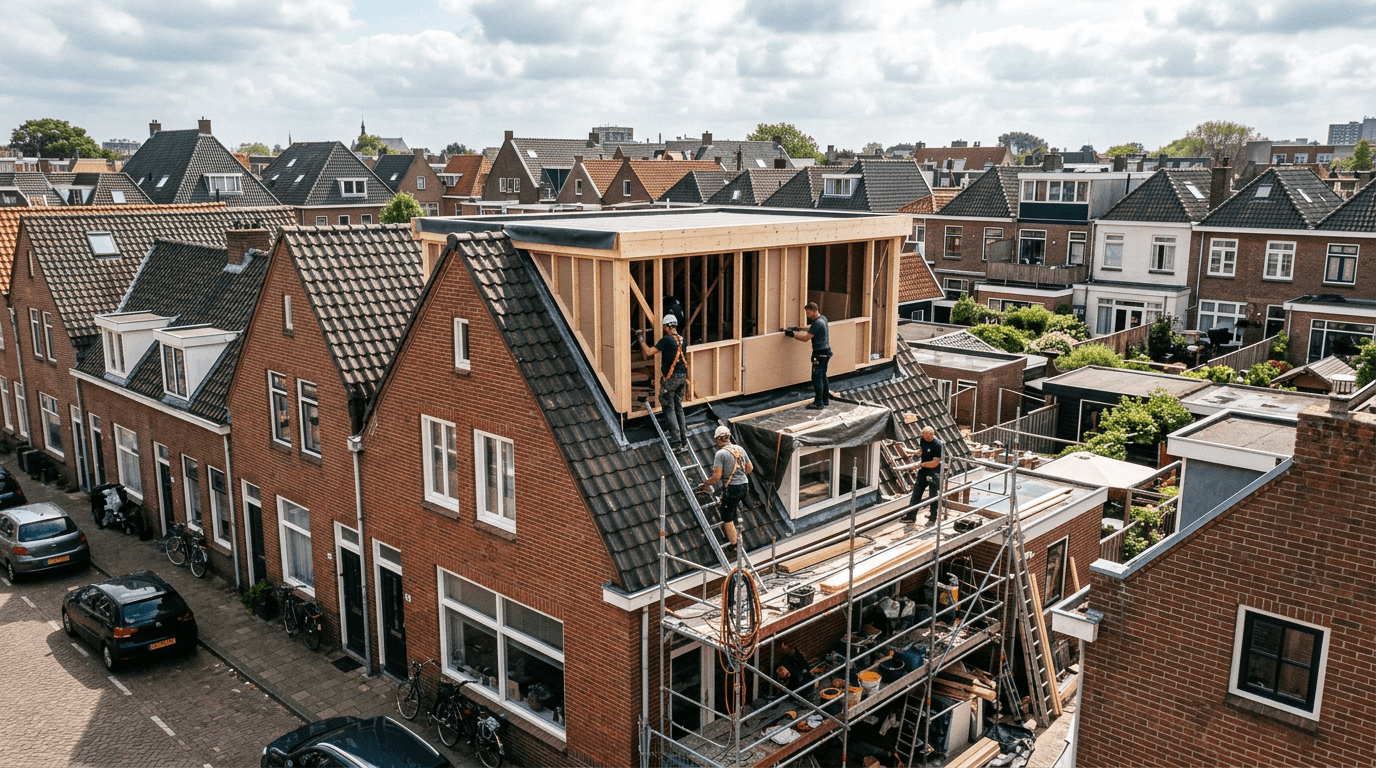 Dakopbouw in uitvoering op een rijwoning met steigers en timmerwerk