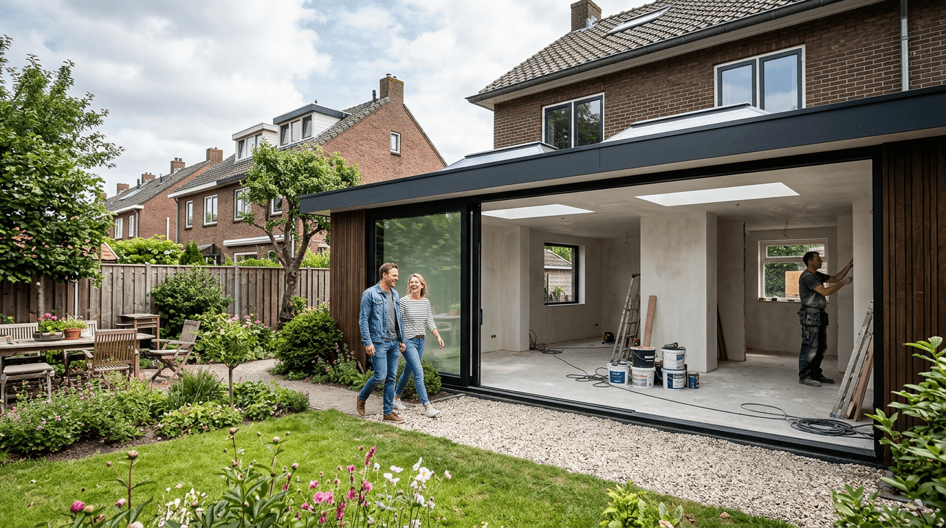 Een stel bekijkt samen de tekeningen van hun verbouwing